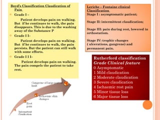 Boyd’s Classification Claudication of
Pain
 Grade I –
Patient develops pain on walking.
But if he continues to walk, the pain
disappears. This is due to the washing
away of the Substance P
 Grade I I–
Patient develops pain on walking.
But if he continues to walk, the pain
persists. But the patient can still walk
with some efforts.
 Grade I I I–
Patient develops pain on walking.
The pain compels the patient to take
rest.
Leriche – Fontaine clinical
Classification
Stage I : asymptomatic patient;
Stage II: intermittent claudication;
Stage III: pain during rest, lowered in
orthostatism.
Stage IV: trophic changes
( ulcerations, gangrene) and
permanent pain.
Rutherford classification
Grade Clinical feature
0 Asymptomatic
1 Mild claudication
2 Moderate claudication
3 Severe claudication
4 Ischaemic rest pain
5 Minor tissue loss
6 Major tissue loss
 