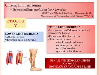 Chronic Limb ischemia
= Decreased limb perfusion for > 2 weeks
2007 Trans-Atlantic Inter-Society Consensus for the
Management of Peripheral Arterial Disease (TASC II)
ETIOLOG
Y
LOWER LIMB ISCHEMIA
•Atherosclerosis
•thrombangiitis obliterans
UPPER LIMB ISCHEMIA
•Aorto-arteritis (Takayasu arteritis )
•Raynaud's disease
•Thoracic outlet obstruction
•Other rarer causes
mixed cryoglobulinemia,
nodular periarteritis,
dermatomyositis,
systemic scleroderma
SENILE ATHEROSCLEROSIS IS
COMMON IN
BOTH LOWER AND UPPER LIMB
 