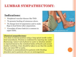 LUMBAR SYMPATHECTOMY:
Indications:
 Peripheral vascular disease like TAO.
 To promote healing of cutaneous ulcers.
 To change level of amputation and to make
flaps to heal better after amputation.
 Causalgia of lower limb (it is common in
upper limb).
Chemical sympathectomy:
It is done in lateral position using a long spinal needle under
local anaesthesia. Position is confirmed by injecting dye under
fluoroscopy. Later 5 ml of phenol in water or absolute alcohol
is injected lateral to the vertebral bodies of fourth and second
lumbar vertebrae. Care should be taken to see that the needle
does not enter IVC or aorta.
Procedure is contraindicated in patients with bleeding
disorders and in patients who are on anticoagulants.
 