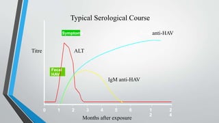 Fecal
HAV
Symptoms
0 1 2 3 4 5 6 1
2
2
4
Total anti-HAV
Titre ALT
IgM anti-HAV
Months after exposure
Typical Serological Course
 