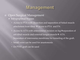  Open Surgical Management
 Infrapopliteal bypass
 Access to PTA with dissection and separation of Soleal muscle
attachment from tibea  access to PTA and PA
 Access to ATA with anterolateral incision on legseparation of
ant tibial muscle and external longus muscle ATA.
Separation of interosseus membrane for tunneling of the graft.
 Small veins can be used for anastomosis
 Or PTFE graft can be used
 