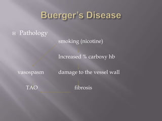  Pathology
smoking (nicotine)
Increased % carboxy hb
vasospasm damage to the vessel wall
TAO fibrosis
 