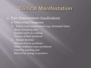  Pain (Intermittent claudication)
 Differential Diagnosis
1. Nerve root compression (eg: herniated disc)
Sharp lacinating pain
Sudden onset on walking
History of back problems
2. Spinal stenosis
History of back problems
Motor weakness more prominent
Onset by standing also
Relived by change in position
 