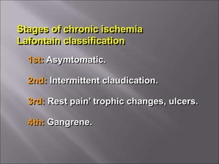 Stages of chronic ischemia
Lafontain classification
1st: Asymtomatic.
2nd: Intermittent claudication.
3rd: Rest pain’ trophic changes, ulcers.
4th: Gangrene.
 