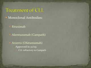 Monoclonal Antibodies: Rituximab Alemtuzumab (Campath) Arzerra (Ofatumumab) Approved in 12/09  CLL refractory to Campath 