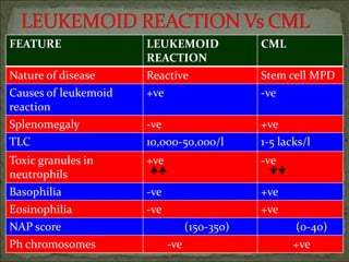 FEATURE LEUKEMOID
REACTION
CML
Nature of disease Reactive Stem cell MPD
Causes of leukemoid
reaction
+ve -ve
Splenomegaly -ve +ve
TLC 10,000-50,000/l 1-5 lacks/l
Toxic granules in
neutrophils
+ve -ve
Basophilia -ve +ve
Eosinophilia -ve +ve
NAP score (150-350) (0-40)
Ph chromosomes -ve +ve
 