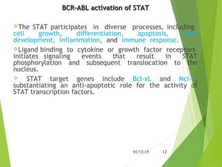 BCR–ABL activation of STATBCR–ABL activation of STAT
The STAT participates in diverse processes, including
cell growth, differentiation, apoptosis, fetal
development, inflammation, and immune response.
Ligand binding to cytokine or growth factor receptors
initiates signaling events that result in STAT
phosphorylation and subsequent translocation to the
nucleus.
 STAT target genes include Bcl-xL and Mcl-1,
substantiating an anti-apoptotic role for the activity of
STAT transcription factors.
01/12/15 12
 