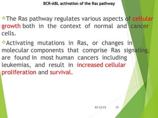 BCR–ABL activation of the Ras pathwayBCR–ABL activation of the Ras pathway
The Ras pathway regulates various aspects of cellular
growth both in the context of normal and cancer
cells.
Activating mutations in Ras, or changes in
molecular components that comprise Ras signaling,
are found in most human cancers including
leukemias, and result in increased cellular
proliferation and survival.
01/12/15 15
 