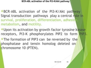 BCR–ABL activation of the PI3-K/Akt pathwayBCR–ABL activation of the PI3-K/Akt pathway
BCR–ABL activation of the PI3-K/Akt pathway
Signal transduction pathways play a central role in
survival, proliferation, differentiation, adhesion,
metabolism, and motility.
Upon its activation by growth factor tyrosine kinase
receptors, PI3-K phosphorylates PIP2 to form PIP3.
The formation of PIP3 can be reversed by the
phosphatase and tensin homolog deleted on
chromosome 10 (PTEN).
01/12/15 16
 