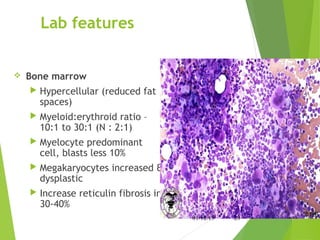 Lab features
 Bone marrow
 Hypercellular (reduced fat
spaces)
 Myeloid:erythroid ratio –
10:1 to 30:1 (N : 2:1)
 Myelocyte predominant
cell, blasts less 10%
 Megakaryocytes increased &
dysplastic
 Increase reticulin fibrosis in
30-40%
01/12/15 23
 