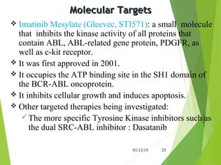 Molecular TargetsMolecular Targets
 Imatinib Mesylate (Gleevec, STI571): a small molecule
that inhibits the kinase activity of all proteins that
contain ABL, ABL-related gene protein, PDGFR, as
well as c-kit receptor.
 It was first approved in 2001.
 It occupies the ATP binding site in the SH1 domain of
the BCR-ABL oncoprotein.
 It inhibits cellular growth and induces apoptosis.
 Other targeted therapies being investigated:
 The more specific Tyrosine Kinase inhibitors such as
the dual SRC-ABL inhibitor : Dasatanib
01/12/15 25
 