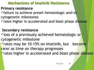 Mechanisms of Imatinib ResistanceMechanisms of Imatinib Resistance
01/12/15 28
Primary resistancePrimary resistance
failure to achieve preset hematologic and/or
cytogenetic milestones
rates higher in accelerated and blast phase disease
Secondary resistanceSecondary resistance
loss of a previously achieved hematologic or
cytogenetic milestone
rates may be 10-15% on Imatinib, but become
rarer as time on therapy progresses
rates higher in accelerated and blast phase disease
 