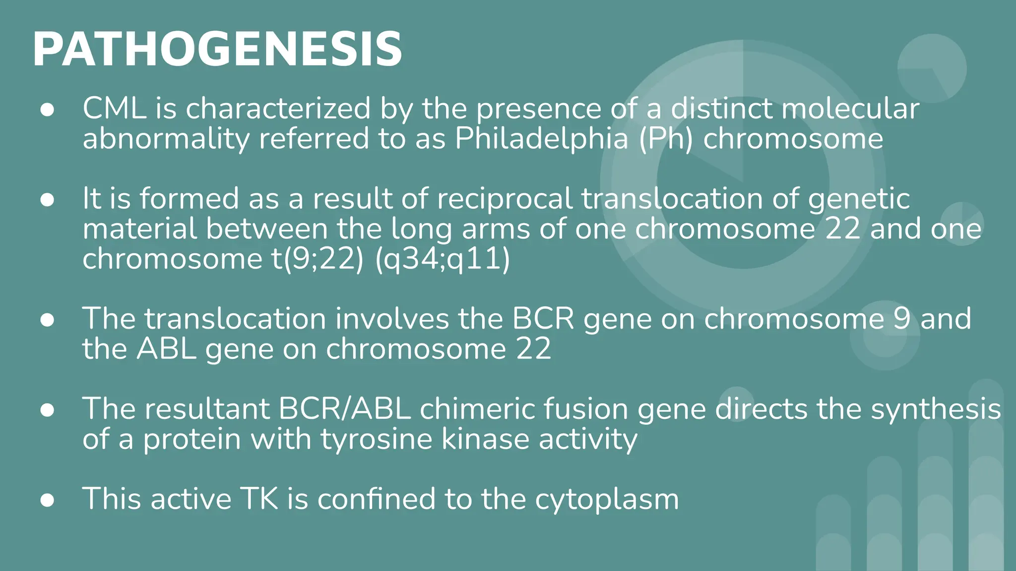 PATHOGENESIS
● CML is characterized by the presence of a distinct molecular
abnormality referred to as Philadelphia (Ph) chromosome
● It is formed as a result of reciprocal translocation of genetic
material between the long arms of one chromosome 22 and one
chromosome t(9;22) (q34;q11)
● The translocation involves the BCR gene on chromosome 9 and
the ABL gene on chromosome 22
● The resultant BCR/ABL chimeric fusion gene directs the synthesis
of a protein with tyrosine kinase activity
● This active TK is conﬁned to the cytoplasm
 