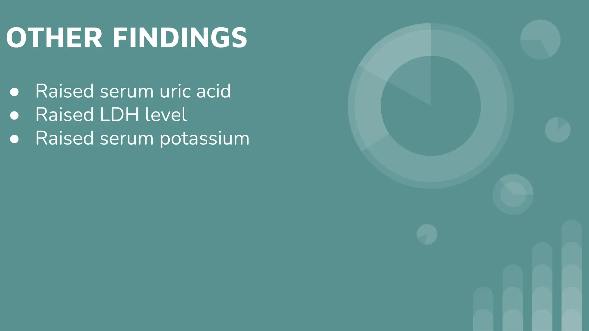 OTHER FINDINGS
● Raised serum uric acid
● Raised LDH level
● Raised serum potassium
 