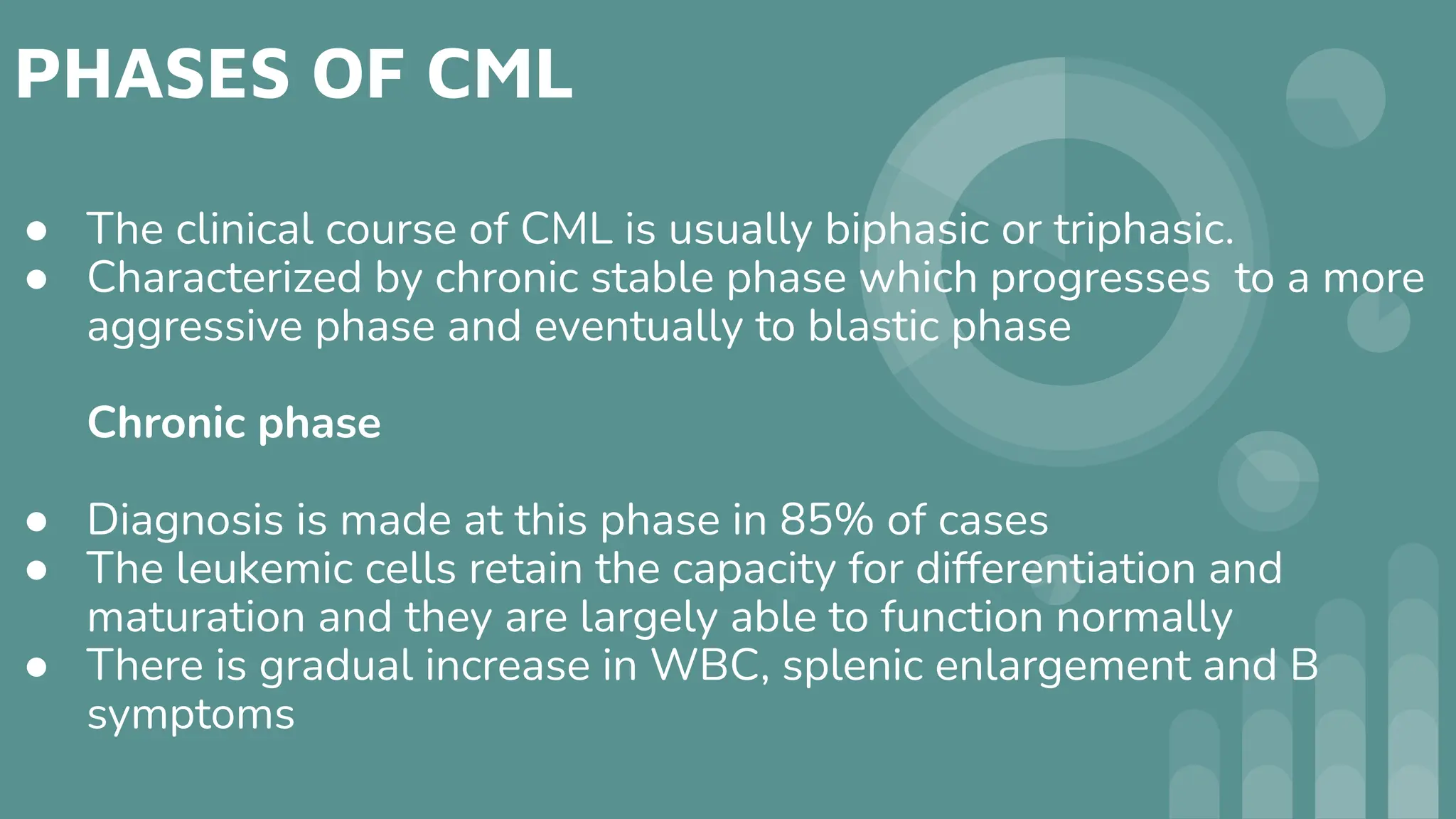 PHASES OF CML
● The clinical course of CML is usually biphasic or triphasic.
● Characterized by chronic stable phase which progresses to a more
aggressive phase and eventually to blastic phase
Chronic phase
● Diagnosis is made at this phase in 85% of cases
● The leukemic cells retain the capacity for differentiation and
maturation and they are largely able to function normally
● There is gradual increase in WBC, splenic enlargement and B
symptoms
 