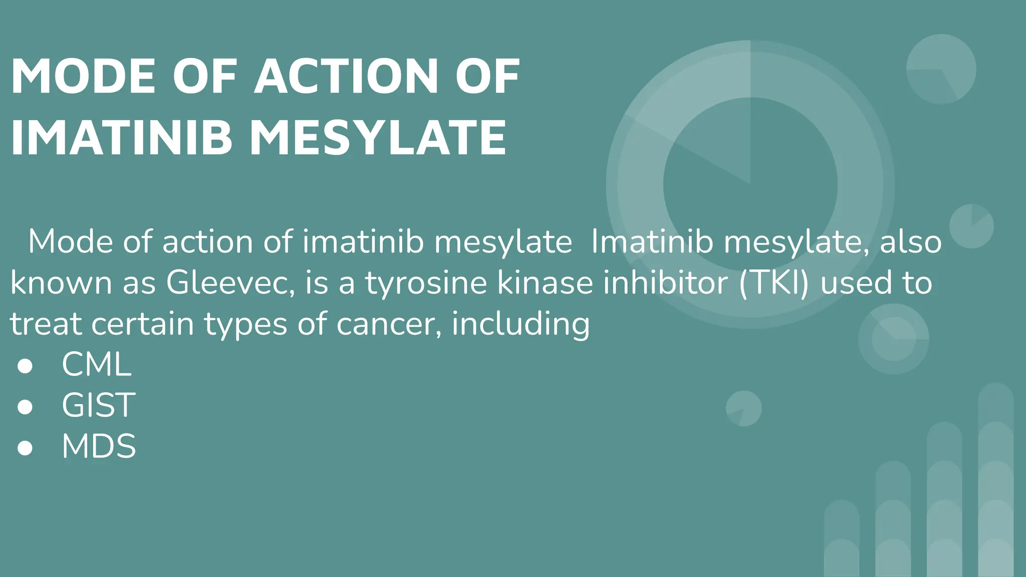 MODE OF ACTION OF
IMATINIB MESYLATE
Mode of action of imatinib mesylate Imatinib mesylate, also
known as Gleevec, is a tyrosine kinase inhibitor (TKI) used to
treat certain types of cancer, including
● CML
● GIST
● MDS
 