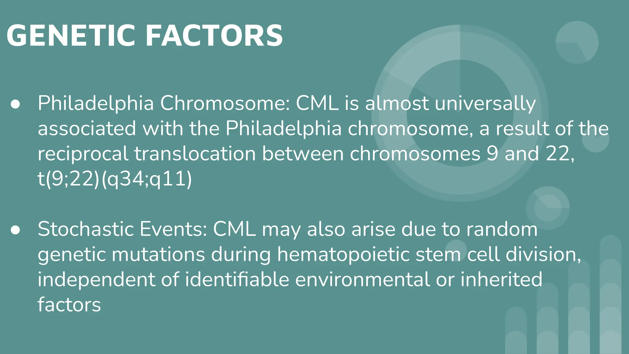 GENETIC FACTORS
● Philadelphia Chromosome: CML is almost universally
associated with the Philadelphia chromosome, a result of the
reciprocal translocation between chromosomes 9 and 22,
t(9;22)(q34;q11)
● Stochastic Events: CML may also arise due to random
genetic mutations during hematopoietic stem cell division,
independent of identiﬁable environmental or inherited
factors
 