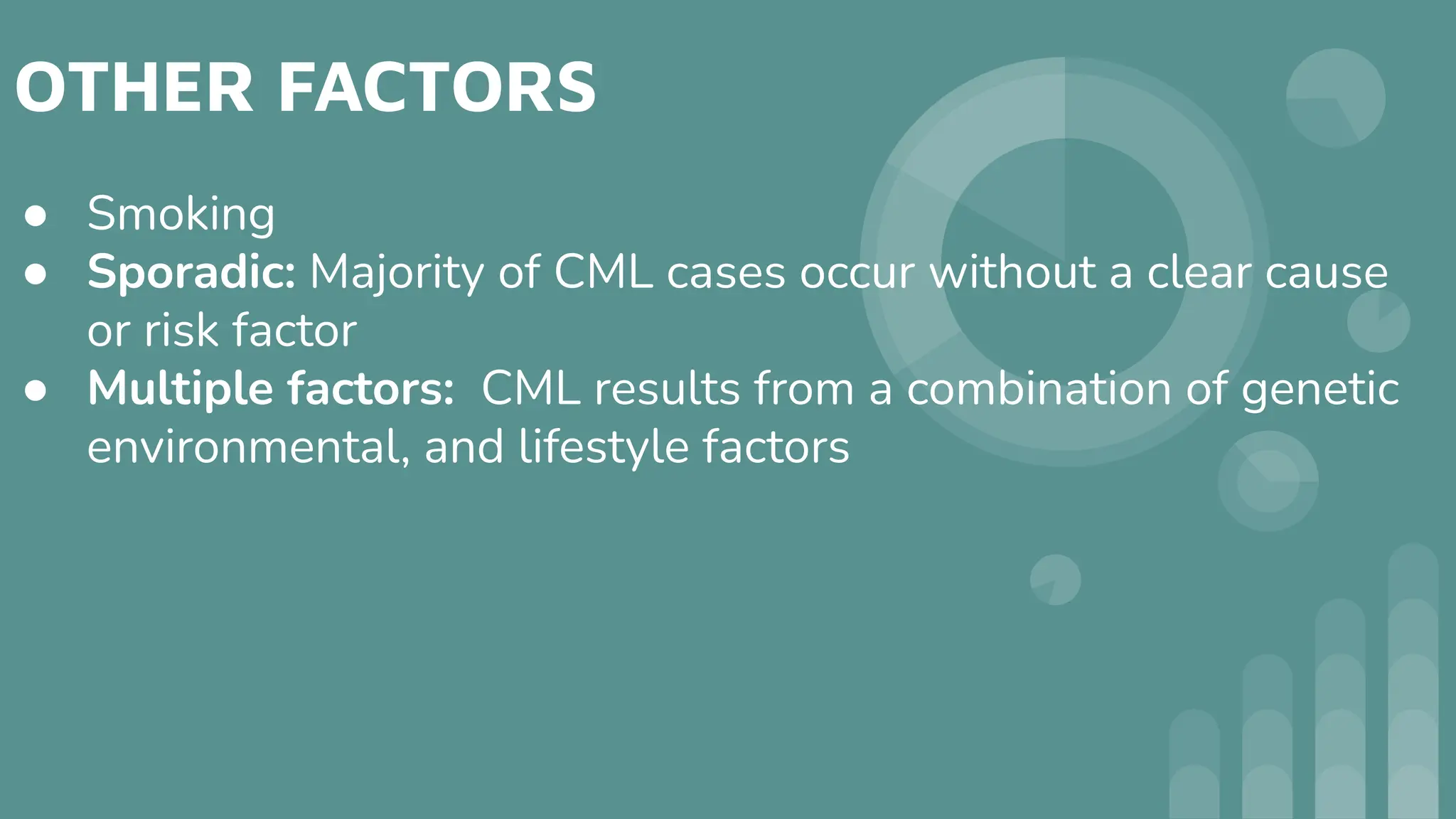 OTHER FACTORS
● Smoking
● Sporadic: Majority of CML cases occur without a clear cause
or risk factor
● Multiple factors: CML results from a combination of genetic
environmental, and lifestyle factors
 