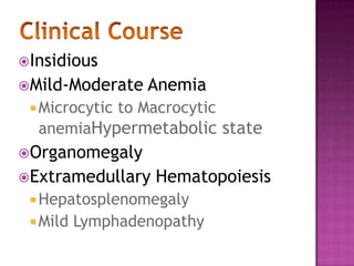 Clinical CourseInsidious Mild-Moderate AnemiaMicrocytic to MacrocyticanemiaHypermetabolicstateOrganomegalyExtramedullaryHematopoiesisHepatosplenomegalyMild Lymphadenopathy