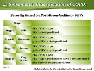 Page  29
4) Spirometric Classification of COPD:4) Spirometric Classification of COPD:
Severity Based on Post-Bronchodilator FEV1Severity Based on Post-Bronchodilator FEV1
StageStage
Stage IStage I MildMild
FEV1/FVC < 0.70
FEV1 ≥ 80% predicted
Stage IIStage II ModerateModerate
FEV1/FVC < 0.70
50% ≤ FEV1 < 80% predicted
Stage IIIStage III SevereSevere
FEV1/FVC < 0.70
30% ≤ FEV1 < 50% predicted
Stage IVStage IV
VeryVery
SevereSevere
FEV1/FVC < 0.70
FEV1 < 30% predicted or FEV1 < 50% predicted
plus chronic respiratory failure
Global Initiative for Chronic Obstructive Lung Disease, 2008.Global Initiative for Chronic Obstructive Lung Disease, 2008.
 