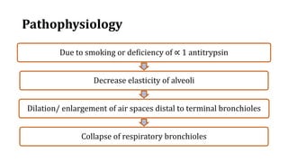 Pathophysiology
Due to smoking or deficiency of ∝ 1 antitrypsin
Decrease elasticity of alveoli
Dilation/ enlargement of air spaces distal to terminal bronchioles
Collapse of respiratory bronchioles
 