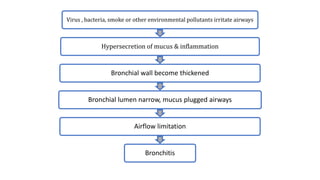 Virus , bacteria, smoke or other environmental pollutants irritate airways
Hypersecretion of mucus & inflammation
Bronchial wall become thickened
Bronchial lumen narrow, mucus plugged airways
Airflow limitation
Bronchitis
 
