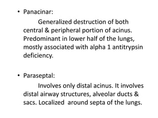 • Panacinar:
Generalized destruction of both
central & peripheral portion of acinus.
Predominant in lower half of the lungs,
mostly associated with alpha 1 antitrypsin
deficiency.
• Paraseptal:
Involves only distal acinus. It involves
distal airway structures, alveolar ducts &
sacs. Localized around septa of the lungs.
 
