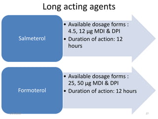 Long acting agents
• Available dosage forms :
4.5, 12 μg MDI & DPI
• Duration of action: 12
hours
Salmeterol
• Available dosage forms :
25, 50 μg MDI & DPI
• Duration of action: 12 hoursFormoterol
6/29/2016 27
 
