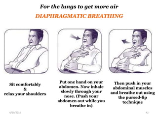 6/29/2016 42
Sit comfortably
&
relax your shoulders
Put one hand on your
abdomen. Now inhale
slowly through your
nose. (Push your
abdomen out while you
breathe in)
Then push in your
abdominal muscles
and breathe out using
the pursed-lip
technique
For the lungs to get more air
DIAPHRAGMATIC BREATHING
 