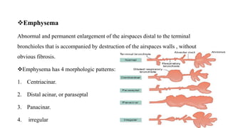 Emphysema
Abnormal and permanent enlargement of the airspaces distal to the terminal
bronchioles that is accompanied by destruction of the airspaces walls , without
obvious fibrosis.
Emphysema has 4 morphologic patterns:
1. Centriacinar.
2. Distal acinar, or paraseptal
3. Panacinar.
4. irregular
 
