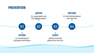 PREVENTION
SATURN
It’s composed of
hydrogen and helium
01
JUPITER
It’s a gas giant and
the biggest planet
02
EARTH
Earth is the third
planet from the Sun
03
NEPTUNE
It’s the farthest planet
from the Sun
04
 