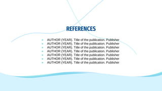 REFERENCES
● AUTHOR (YEAR). Title of the publication. Publisher
● AUTHOR (YEAR). Title of the publication. Publisher
● AUTHOR (YEAR). Title of the publication. Publisher
● AUTHOR (YEAR). Title of the publication. Publisher
● AUTHOR (YEAR). Title of the publication. Publisher
● AUTHOR (YEAR). Title of the publication. Publisher
● AUTHOR (YEAR). Title of the publication. Publisher
 