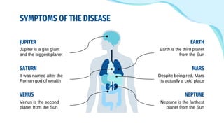 SYMPTOMS OF THE DISEASE
JUPITER
Jupiter is a gas giant
and the biggest planet
SATURN
It was named after the
Roman god of wealth
VENUS
Venus is the second
planet from the Sun
EARTH
Earth is the third planet
from the Sun
MARS
Despite being red, Mars
is actually a cold place
NEPTUNE
Neptune is the farthest
planet from the Sun
 