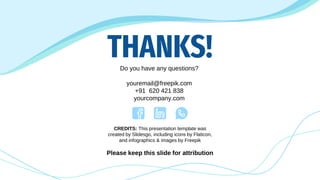 CREDITS: This presentation template was
created by Slidesgo, including icons by Flaticon,
and infographics & images by Freepik
THANKS!
Do you have any questions?
youremail@freepik.com
+91 620 421 838
yourcompany.com
Please keep this slide for attribution
 