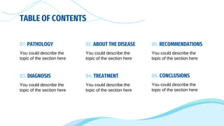 TABLE OF CONTENTS
02. ABOUT THE DISEASE
You could describe the
topic of the section here
01. PATHOLOGY
You could describe the
topic of the section here
04. TREATMENT
You could describe the
topic of the section here
03. DIAGNOSIS
You could describe the
topic of the section here
06. CONCLUSIONS
You could describe the
topic of the section here
05. RECOMMENDATIONS
You could describe the
topic of the section here
 