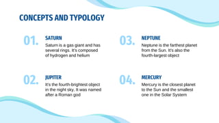 CONCEPTS AND TYPOLOGY
NEPTUNE
Neptune is the farthest planet
from the Sun. It's also the
fourth-largest object
MERCURY
Mercury is the closest planet
to the Sun and the smallest
one in the Solar System
SATURN
Saturn is a gas giant and has
several rings. It's composed
of hydrogen and helium
JUPITER
It's the fourth-brightest object
in the night sky. It was named
after a Roman god
01.
02.
03.
04.
 