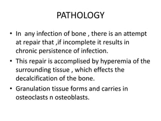 PATHOLOGY
• In any infection of bone , there is an attempt
at repair that ,if incomplete it results in
chronic persistence...