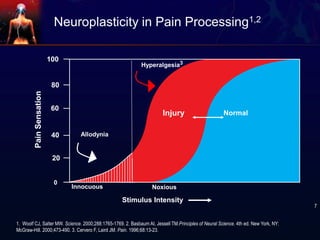 Neuroplasticity in Pain Processing1,2
1. Woolf CJ, Salter MW. Science. 2000;288:1765-1769. 2. Basbaum AI, Jessell TM.Principles of Neural Science. 4th ed. New York, NY:
McGraw-Hill. 2000;473-490. 3. Cervero F, Laird JM. Pain. 1996;68:13-23.
Stimulus Intensity
100
Injury Normal
Allodynia
Hyperalgesia3
80
60
40
20
0
Innocuous Noxious
PainSensation
7
 