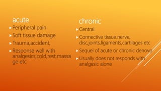 acute
Peripheral pain
Soft tissue damage
Trauma,accident,
Response well with
analgesics,cold,rest,massa
ge etc
chronic
Central
Connective tissue.nerve,
disc,joints,ligaments,cartilages etc
Sequel of acute or chronic denovo
Usually does not responds with
analgesic alone
 