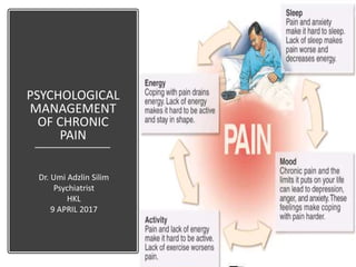 PSYCHOLOGICAL
MANAGEMENT
OF CHRONIC
PAIN
Dr. Umi Adzlin Silim
Psychiatrist
HKL
9 APRIL 2017
 