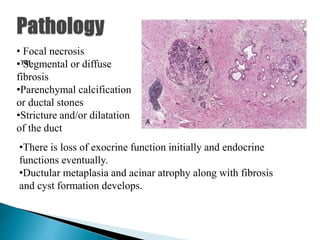 • Focal necrosis
•™Segmental or diffuse
fibrosis
•Parenchymal calcification
or ductal stones
•Stricture and/or dilatation
of the duct
•There is loss of exocrine function initially and endocrine
functions eventually.
•Ductular metaplasia and acinar atrophy along with fibrosis
and cyst formation develops.
 
