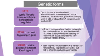 • Cystic fibrosis is assosiated with
abnormalities of HCO3 secretion, ductal
dilatation, ppt formation, pancreatic atrophy
• Seen in 50% of idiopathic CP, not common in
alcoholic CP
CFTR –
cystic fibrosis
trans-membrane
conductance
regulator
• Seen in pediatric Idiopathic CP, hereditary
Pancreatitis, Tropical Pancreatitis; but
not in chronic alcoholic pancreatitis
SPINK1 - serine
protease inhibitor
Kazal type 1
Genetic forms
• Once trypsinogen is activated to trypsin,
becomes resistant to inactivation and
activate other proenzymes leading to
episodes of acute pancreatitis– like
necrosis fibrosis theory
PRSS1 – cationic
trypsinogen gene
 