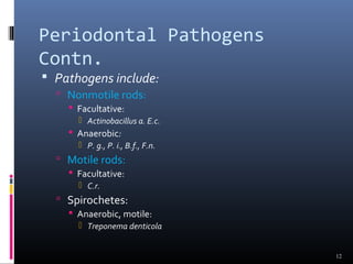 Periodontal Pathogens
Contn.
 Pathogens include:
 Nonmotile rods:
 Facultative:
 Actinobacillus a. E.c.
 Anaerobic:
 P. g., P. i., B.f., F.n.
 Motile rods:
 Facultative:
 C.r.
 Spirochetes:
 Anaerobic, motile:
 Treponema denticola
12
 