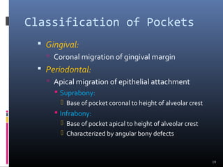 Classification of Pockets
 Gingival:
 Coronal migration of gingival margin
 Periodontal:
 Apical migration of epithelial attachment
 Suprabony:
 Base of pocket coronal to height of alveolar crest
 Infrabony:
 Base of pocket apical to height of alveolar crest
 Characterized by angular bony defects
19
 
