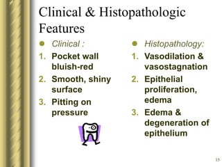 15
Clinical & Histopathologic
Features
 Clinical :
1. Pocket wall
bluish-red
2. Smooth, shiny
surface
3. Pitting on
pressure
 Histopathology:
1. Vasodilation &
vasostagnation
2. Epithelial
proliferation,
edema
3. Edema &
degeneration of
epithelium
 