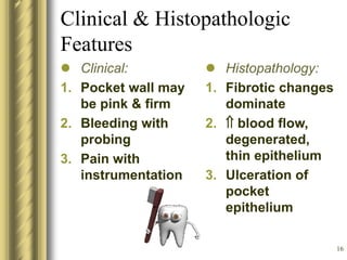16
Clinical & Histopathologic
Features
 Clinical:
1. Pocket wall may
be pink & firm
2. Bleeding with
probing
3. Pain with
instrumentation
 Histopathology:
1. Fibrotic changes
dominate
2.  blood flow,
degenerated,
thin epithelium
3. Ulceration of
pocket
epithelium
 