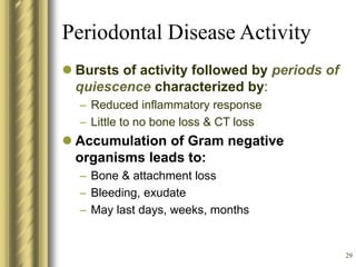 29
Periodontal Disease Activity
 Bursts of activity followed by periods of
quiescence characterized by:
– Reduced inflammatory response
– Little to no bone loss & CT loss
 Accumulation of Gram negative
organisms leads to:
– Bone & attachment loss
– Bleeding, exudate
– May last days, weeks, months
 