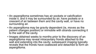 • An aspergilloma sometimes has air pockets or calcification
inside it, and it may be surrounded by air, have pockets or a
crescent of air between them and the cavity wall, or have no
surrounding air.
• An aspergilloma may be gravity dependent (ie, moves as the
patient changes position) or immobile with strands connecting it
to the wall of the cavity.
• Images obtained weeks to months prior to the discovery of an
aspergilloma may reveal intracavitary fronds attached to the
wall and extending into the cavity; subsequent imaging typically
reveals that the fronds have coalesced and detached to form an
aspergilloma.
 