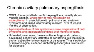 Chronic cavitary pulmonary aspergillosis
• CCPA, formerly called complex aspergilloma, usually shows
multiple cavities, which may or may not contain an
aspergilloma, in association with pulmonary and systemic
symptoms and raised inflammatory markers, over at least 3
months of observation.
• A principal feature of this syndrome is slow progression of both
symptoms and radiographic findings over months to years.
• Untreated, over years, these cavities enlarge and coalesce,
developing pericavitary infiltrates or perforating into the pleura,
and an aspergilloma may appear or disappear. Thus serological
or microbiological evidence implicating Aspergillus is required
for diagnosis.
 