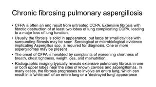 Chronic fibrosing pulmonary aspergillosis
• CFPA is often an end result from untreated CCPA. Extensive fibrosis with
fibrotic destruction of at least two lobes of lung complicating CCPA, leading
to a major loss of lung function.
• Usually the fibrosis is solid in appearance, but large or small cavities with
surrounding fibrosis may be seen. Serological or microbiological evidence
implicating Aspergillus spp. is required for diagnosis. One or more
aspergillomas may be present
• The onset of CFPA is heralded by complaints of worsening shortness of
breath, chest tightness, weight loss, and malnutrition.
• Radiographic imaging typically reveals extensive pulmonary fibrosis in one
or both upper lobes near the sites of known cavities and aspergillomas. In
many cases, the fibrosis progresses to involve an entire lung, which can
result in a 'white-out' of an entire lung or a 'destroyed lung' appearance
 